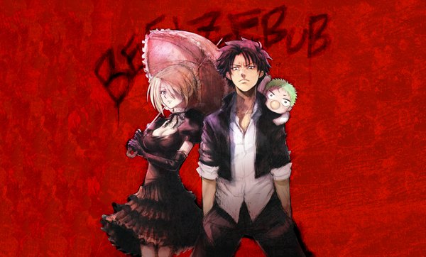 Anime picture 1654x1000 with beelzebub studio pierrot oga tatsumi hilda (beelzebub) beelzebub iv boyaking(sbf) fringe black hair simple background blonde hair wide image cleavage green hair hair over one eye red background hands in pockets boy gloves choker elbow gloves