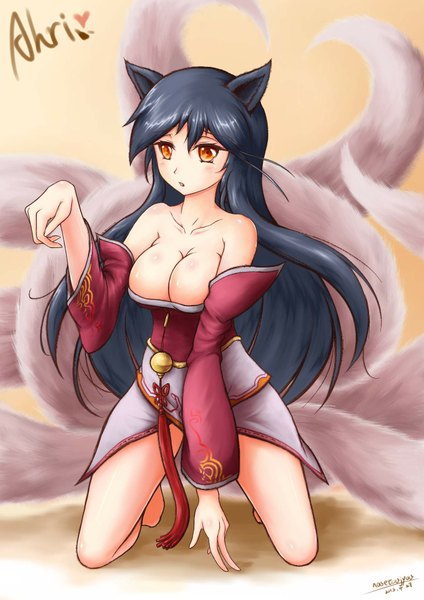 Anime picture 1358x1920 with league of legends ahri (league of legends) najo single long hair tall image blush breasts light erotic black hair large breasts brown eyes animal ears multiple tails girl detached sleeves bell jingle bell