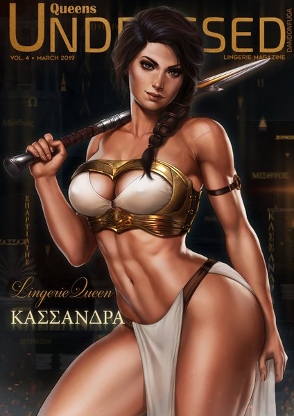 Anime picture 1100x1556 with assassin's creed (game) assassin's creed: odyssey kassandra of sparta dandon fuga single long hair tall image looking at viewer fringe light erotic brown hair standing bare shoulders holding brown eyes fingernails lips realistic bare belly character names