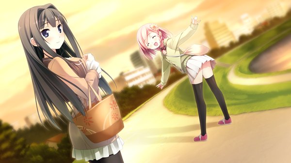 Anime picture 1920x1080 with your diary ayase sayuki yua (your diary) kantoku long hair highres short hair open mouth black hair wide image purple eyes multiple girls pink hair game cg braid (braids) eyes closed hair flower loli skirt lift girl