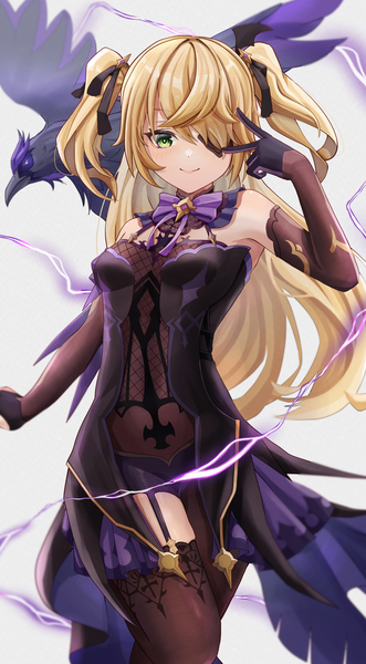 Anime picture 2655x4813 with genshin impact fischl (genshin impact) oz (genshin impact) musson single long hair tall image looking at viewer fringe highres blonde hair smile green eyes hair over one eye two side up electricity girl gloves detached sleeves animal