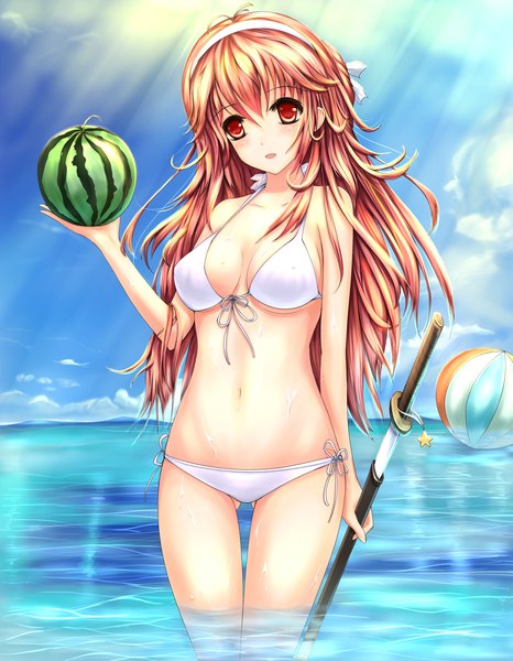 Anime picture 2480x3188 with original aaeru long hair tall image blush highres open mouth light erotic red eyes brown hair cloud (clouds) girl navel weapon swimsuit bikini sword water food hairband