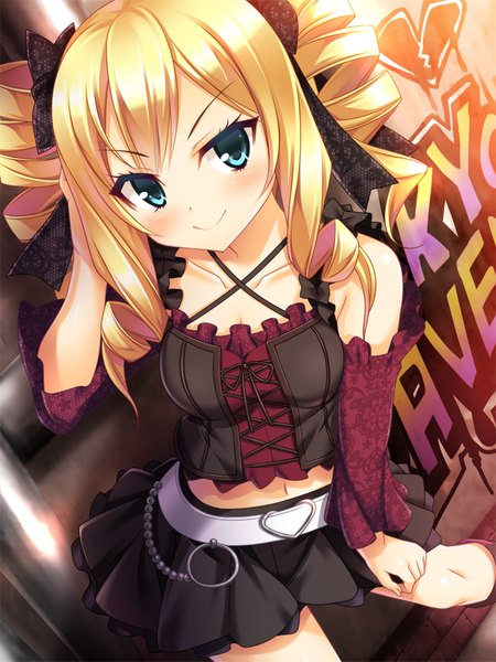 Anime picture 768x1024 with tokyo ravens 8bit dairenji suzuka hatsu single long hair tall image looking at viewer blush fringe blonde hair smile standing twintails bare shoulders payot pleated skirt aqua eyes from above inscription