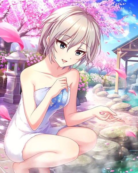 Anime picture 1280x1600 with idolmaster idolmaster cinderella girls anastasia (idolmaster) annindoufu (oicon) single tall image short hair blue eyes looking away silver hair outdoors grey hair sunlight official art sparkle cherry blossoms lens flare squat sunbeam naked towel