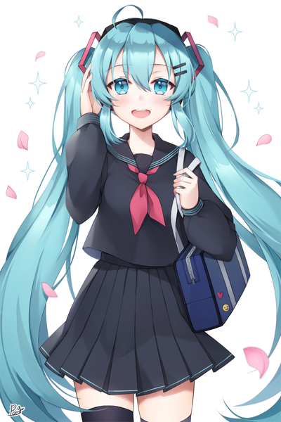 Anime picture 800x1200 with vocaloid hatsune miku pong (vndn124) single tall image looking at viewer blush fringe open mouth simple background smile hair between eyes standing white background twintails signed ahoge very long hair :d pleated skirt