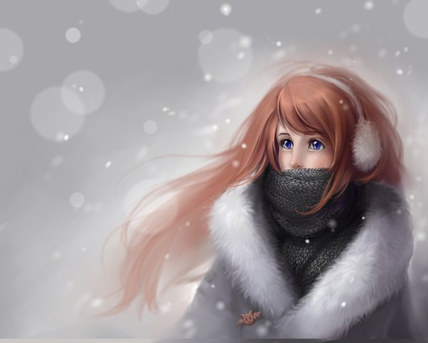 Anime picture 1280x1024 with original anna linberger (artist) single long hair blue eyes simple background brown hair lens flare snowing winter girl wings scarf fur cat winter clothes earmuffs