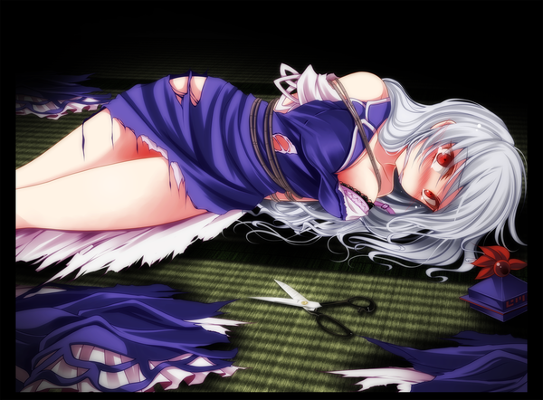 Anime picture 2600x1916 with touhou kamishirasawa keine s-syogo single long hair looking at viewer blush highres light erotic red eyes white hair lying torn clothes bondage girl lingerie bra scissors