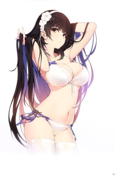 Anime picture 1425x2159 with girls frontline type 95 (girls frontline) type 95 (summer cicada) (girls frontline) rheez (artist) single long hair tall image looking at viewer fringe breasts light erotic black hair simple background large breasts standing white background yellow eyes blunt bangs hair flower arms up