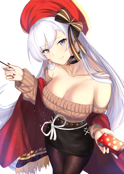 Anime picture 1295x1812 with azur lane belfast (azur lane) belfast (shopping with the head maid) (azur lane) yamikyon single tall image looking at viewer breasts light erotic simple background large breasts standing white background purple eyes bare shoulders holding cleavage silver hair very long hair nail polish