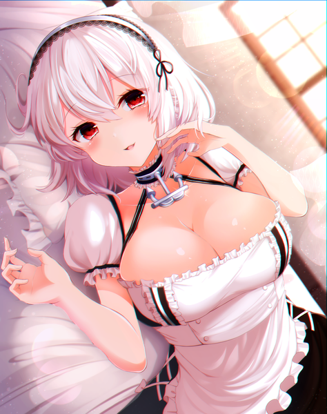 Anime picture 1580x2000 with azur lane sirius (azur lane) shiira (nya rl) single tall image looking at viewer blush fringe short hair breasts open mouth light erotic smile hair between eyes red eyes large breasts cleavage white hair indoors lying