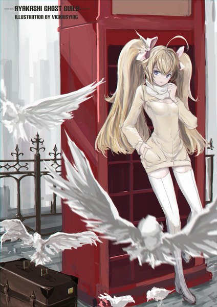 Anime picture 1417x2003 with ayakashi onmyouroku vicious single long hair tall image blonde hair standing twintails purple eyes signed looking away ahoge parted lips sunlight copyright name standing on one leg flying hand in pocket girl dress
