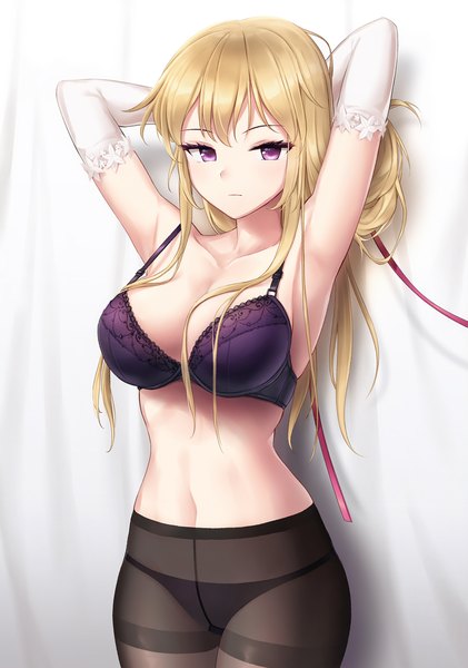 Anime picture 1403x2000 with touhou yakumo yukari minust single long hair tall image looking at viewer fringe breasts light erotic blonde hair large breasts standing purple eyes payot cleavage arms up armpit (armpits) underwear only arms behind head