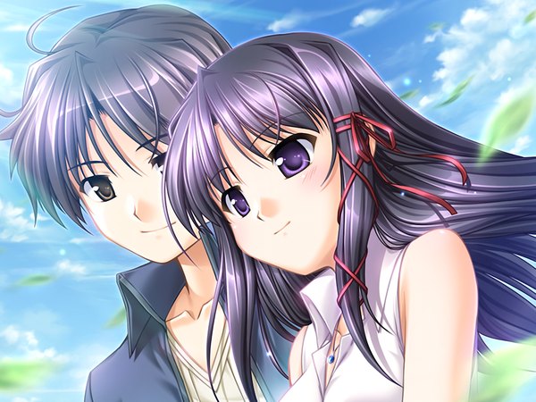 Anime picture 1024x768 with fortune arterial august soft kuze kiriha hasekura kouhei long hair blush fringe short hair black hair smile purple eyes bare shoulders brown eyes payot looking away game cg sky cloud (clouds) outdoors wind