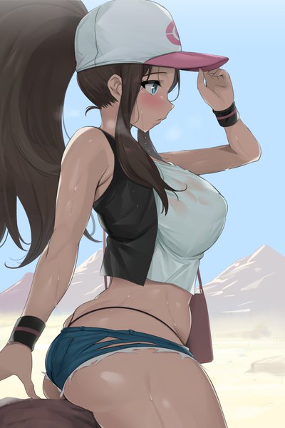 Anime picture 700x1048 with pokemon pokemon black and white nintendo hilda (pokemon) noripachi single long hair tall image blush breasts blue eyes light erotic brown hair large breasts sitting payot looking away sky outdoors ass