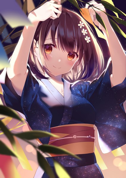 Anime picture 1157x1637 with original kisaragi yuri single tall image blush fringe short hair breasts smile brown hair standing brown eyes upper body outdoors traditional clothes japanese clothes hair flower blurry night mole