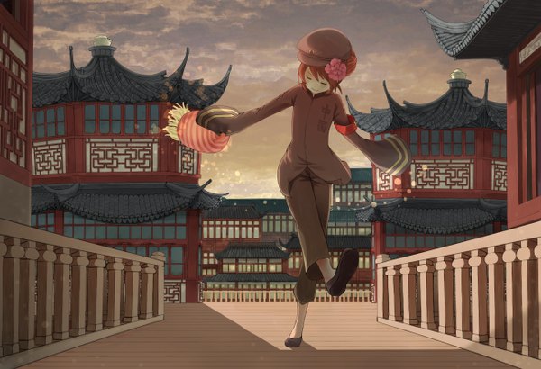 Anime picture 2600x1780 with axis powers hetalia studio deen china (hetalia) sumaki (hozonnko) single long hair blush highres smile brown hair sky cloud (clouds) eyes closed traditional clothes hair flower shadow hair bun (hair buns) city evening chinese clothes