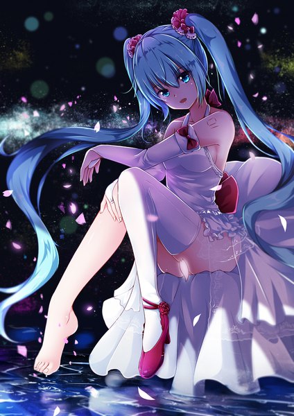 Anime picture 1400x1980 with vocaloid hatsune miku qingye ling single tall image looking at viewer fringe open mouth light erotic smile hair between eyes sitting twintails bare shoulders full body very long hair aqua eyes aqua hair tattoo hand on knee