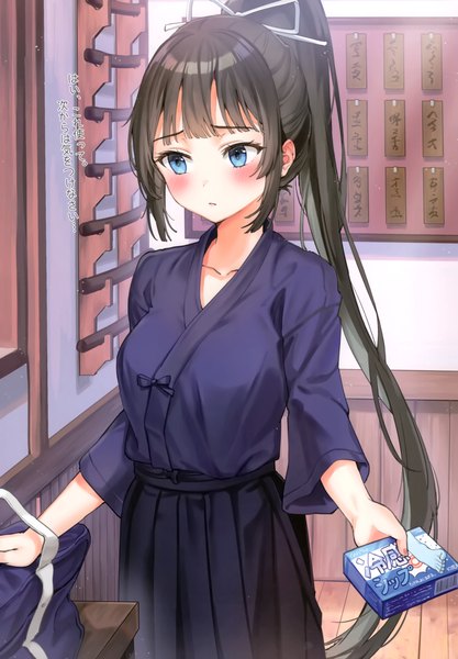 Anime picture 2406x3464 with original kendo club president (rangu) rangu single long hair tall image blush fringe highres breasts blue eyes black hair standing holding payot looking away ponytail indoors blunt bangs traditional clothes