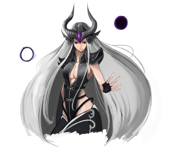Anime picture 1029x900 with league of legends syndra rikui (rella2930) single looking at viewer white background purple eyes very long hair horn (horns) grey hair girl gloves headdress fingerless gloves