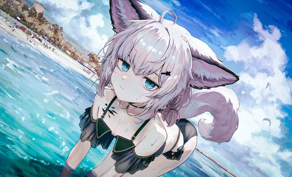 Anime picture 2095x1271 with arknights sussurro (arknights) sussurro (summer flowers) (arknights) timitarcat looking at viewer fringe highres short hair blue eyes light erotic hair between eyes wide image twintails animal ears sky silver hair cloud (clouds) ahoge outdoors tail