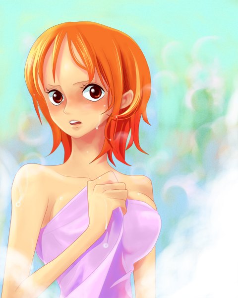 Anime picture 1000x1250 with one piece toei animation nami (one piece) himerinco (artist) single tall image blush short hair open mouth light erotic bare shoulders orange hair orange eyes girl