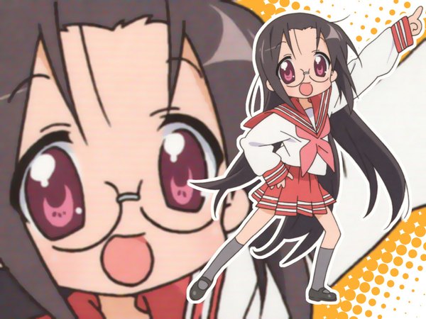 Anime picture 1024x768 with lucky star kyoto animation tamura hiyori long hair black hair very long hair pink eyes wallpaper girl uniform school uniform glasses