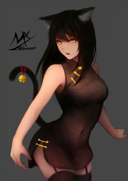 Anime picture 1116x1578 with original shimmer single long hair tall image looking at viewer fringe open mouth black hair simple background hair between eyes standing signed animal ears yellow eyes tail animal tail cat ears grey background cat girl