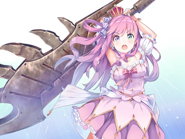 Anime picture 2000x1500 with monster hunter virtual youtuber hololive himemori luna himemori luna (1st costume) mogmog single long hair looking at viewer highres open mouth pink hair arms up teeth heterochromia one side up parody girl dress weapon