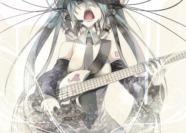 Anime picture 1500x1071 with vocaloid hatsune miku tenryou sena single long hair fringe open mouth twintails aqua eyes hair over one eye aqua hair singing girl detached sleeves wire (wires) guitar