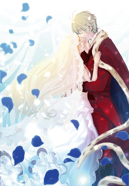 Anime picture 800x1153 with aldnoah.zero a-1 pictures slaine troyard asseylum vers allusia nana (t-a-f) long hair tall image blush fringe short hair open mouth simple background blonde hair smile standing white background ahoge eyes closed profile couple