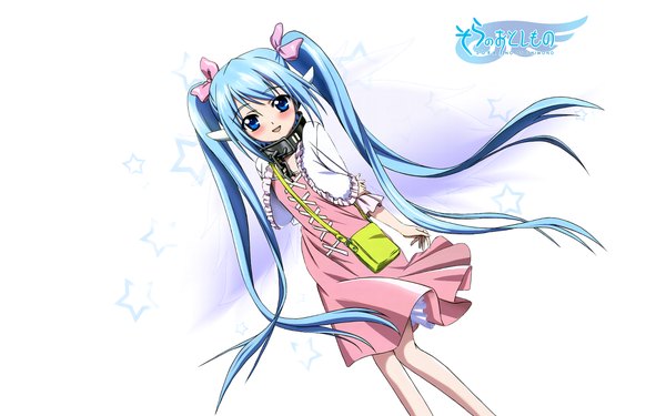 Anime picture 1440x900 with sora no otoshimono nymph (sora no otoshimono) blush blue eyes wide image twintails blue hair loli girl dress