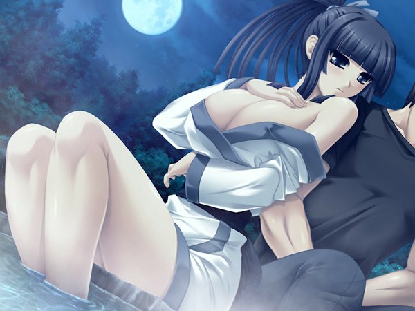 Anime picture 1024x768 with minna daisuki kozukuri banchou hisame sayaka long hair breasts light erotic black hair large breasts game cg black eyes night girl moon