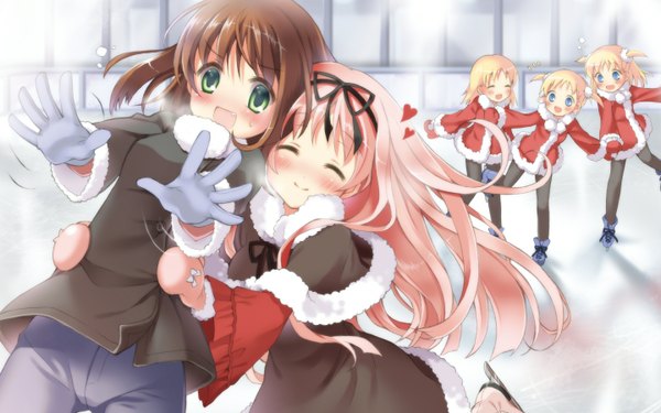 Anime picture 1440x900 with long hair blush fringe short hair blonde hair brown hair wide image twintails multiple girls green eyes pink hair eyes closed fur trim short twintails winter girl 2 girls fur santa claus costume mantle