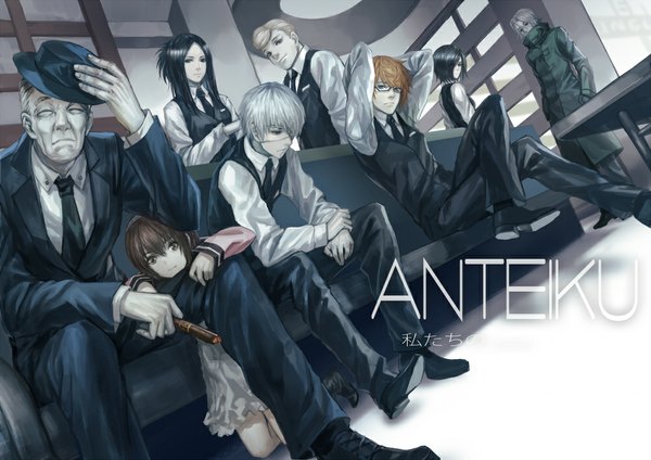 Anime picture 1000x707 with tokyo ghoul studio pierrot kaneki ken kirishima touka fueguchi hinami irimi kaya yomo renji nishio nishiki yoshimura (tokyo ghoul) koma enji infukun long hair looking at viewer fringe short hair black hair blonde hair smile brown hair standing