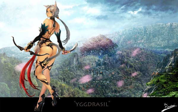 Anime picture 1068x672 with original simuka (kazakami) single long hair blue eyes light erotic signed animal ears sky cloud (clouds) ass ponytail animal tail looking back green hair inscription high heels back landscape girl