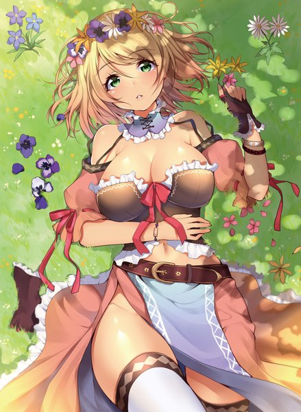 Anime picture 1404x1920 with dengeki moeou matarou (genkai toppa) single tall image looking at viewer blush short hair breasts light erotic blonde hair lying parted lips hair flower on back girl thighhighs gloves navel hair ornament flower (flowers)