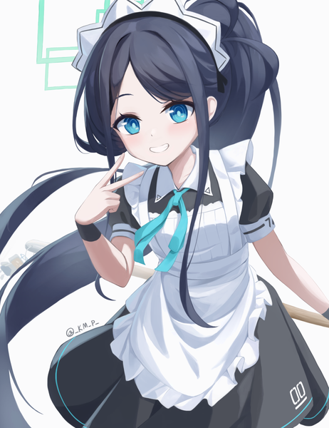 Anime-Bild 5000x6500 mit blue archive aris (blue archive) aris (maid) (blue archive) kenma pro single tall image highres blue eyes black hair simple background smile white background signed absurdres ponytail very long hair maid twitter username grin official alternate costume