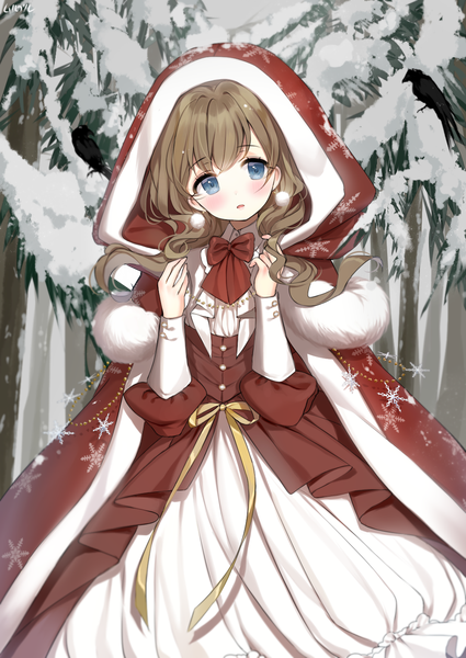 Anime picture 1000x1412 with original haruri single long hair tall image looking at viewer blush fringe blue eyes brown hair standing signed outdoors head tilt fur trim winter snow snowflake print girl dress