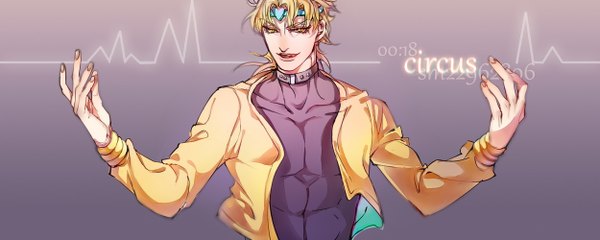 Anime picture 1249x500 with jojo no kimyou na bouken dio brando maosanmu single looking at viewer short hair simple background blonde hair wide image yellow eyes parted lips inscription grey background spread arms boy heart hairband turtleneck