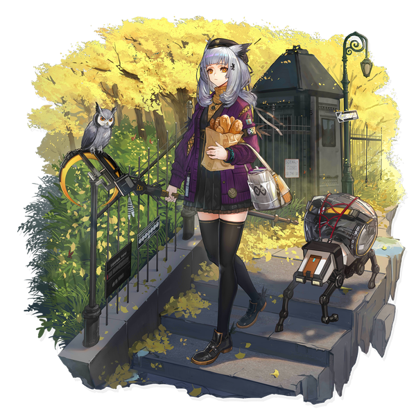 Anime picture 2048x2048 with arknights ptilopsis (arknights) ptilopsis (serenity) (arknights) ryuuzaki ichi single long hair highres silver hair full body outdoors official art orange eyes zettai ryouiki official alternate costume transparent background walking autumn girl thighhighs black thighhighs