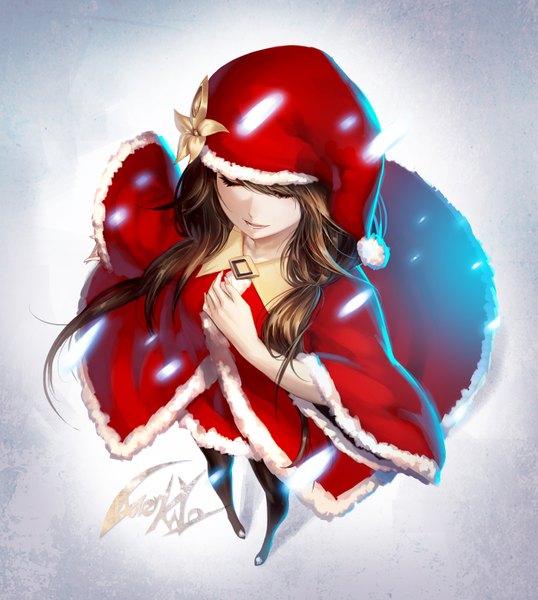 Anime picture 1400x1561 with luen kulo single long hair tall image brown hair standing signed eyes closed from above fur trim christmas girl flower (flowers) hat fur santa claus hat mantle