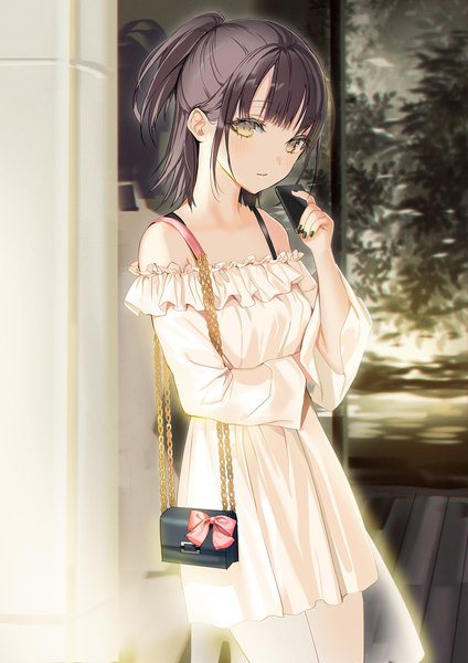 Anime picture 744x1052 with original lloule single tall image looking at viewer blush fringe short hair breasts brown hair standing yellow eyes ponytail nail polish parted lips off shoulder wide sleeves half updo black nail polish girl