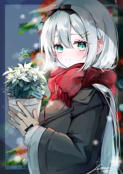 Anime picture 1767x2500 with original syana alice single long hair tall image blush fringe highres hair between eyes holding silver hair upper body aqua eyes border christmas merry christmas girl gloves flower (flowers) scarf