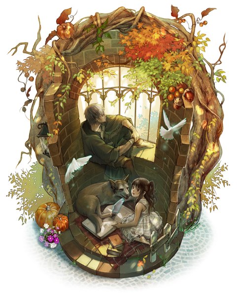 Anime picture 1680x2080 with hage2013 long hair tall image highres short hair brown hair white background silver hair ponytail realistic autumn girl boy flower (flowers) plant (plants) animal bird (birds) book (books) lantern vegetables
