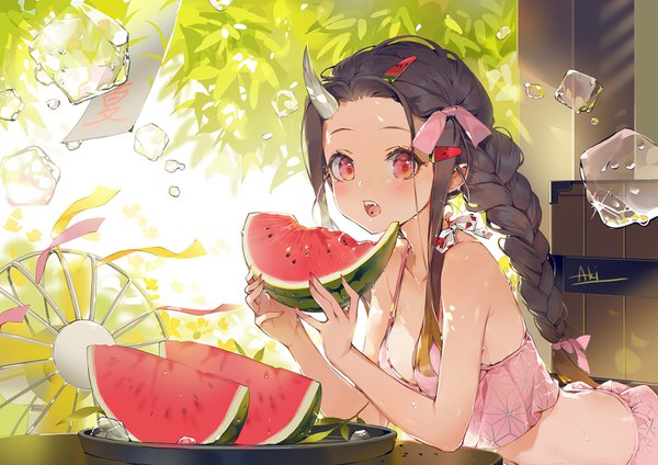 Anime picture 1556x1100 with kimetsu no yaiba ufotable kamado nezuko akizero1510 single long hair looking at viewer blush breasts open mouth light erotic black hair red eyes bare shoulders holding signed outdoors braid (braids) :d horn (horns)