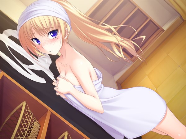 Anime picture 1200x900 with maji de watashi ni koi shinasai! christiane friedrich tagme (artist) long hair blush light erotic blonde hair purple eyes game cg open towel girl towel