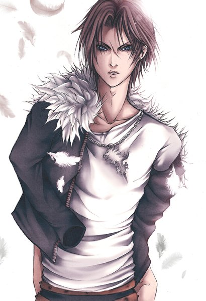 Anime picture 683x1000 with aikaxx single tall image looking at viewer short hair blue eyes brown hair open clothes open jacket boy earrings jacket pendant feather (feathers)
