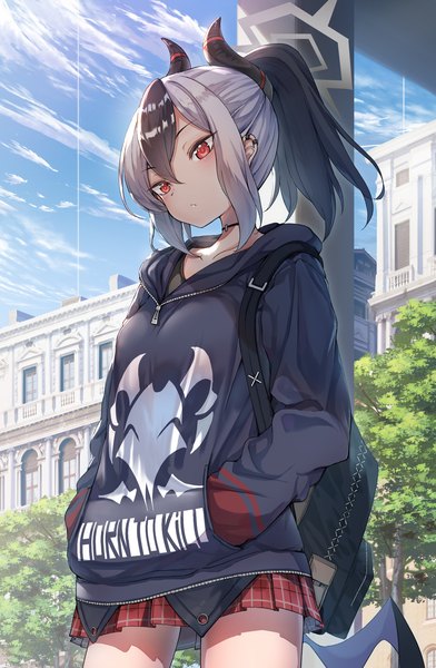 Anime picture 1137x1740 with blue archive kayoko (blue archive) yu ni t single tall image looking at viewer blush fringe short hair black hair hair between eyes red eyes standing sky silver hair cloud (clouds) outdoors ponytail pleated skirt multicolored hair