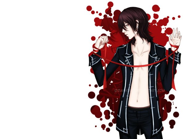 Anime picture 1200x900 with vampire knight studio deen clan kaname zahhomii single long hair simple background red eyes brown hair white background profile open clothes open jacket open shirt zoom layer boy navel uniform ribbon (ribbons) school uniform