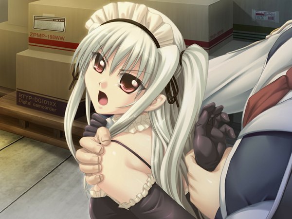 Anime picture 1024x768 with minna daisuki kozukuri banchou ema airin long hair open mouth red eyes game cg white hair maid girl